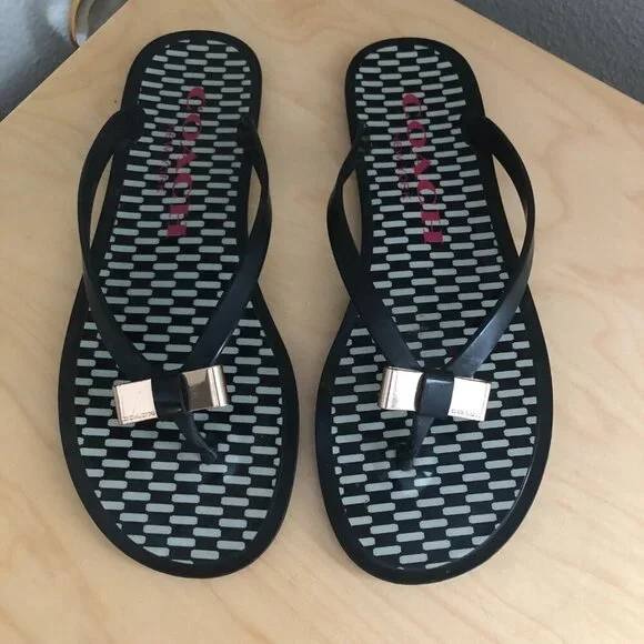 Coach Black and White Patterned Flip Flop Sandals - Picture 2 of 9